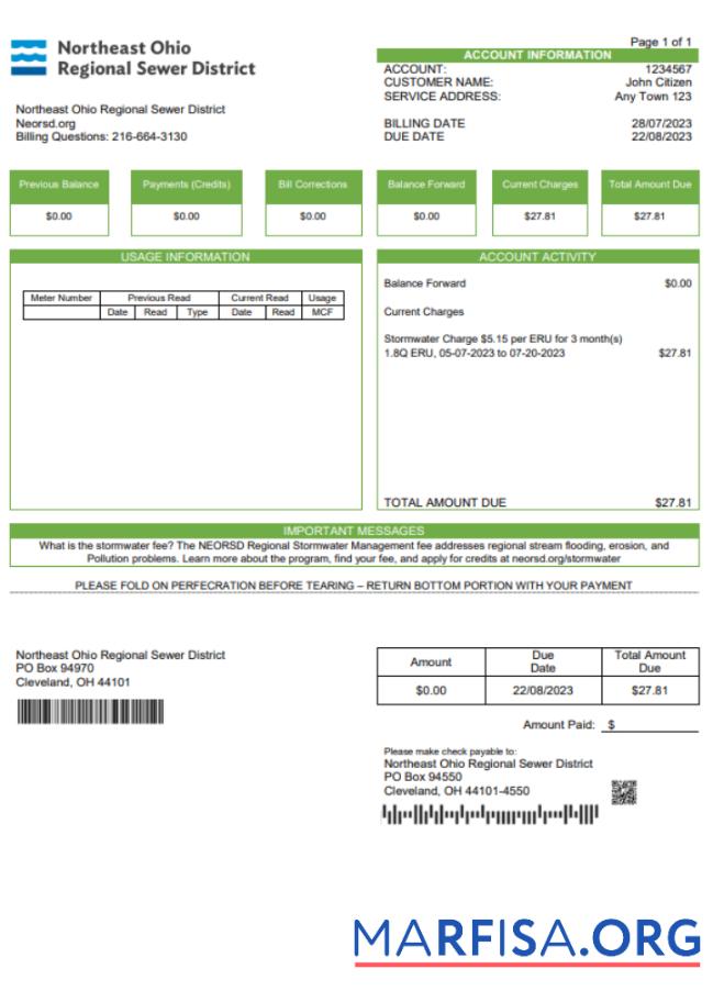 Realistic USA Northeast Ohio Regional Sewer District utility bill Word and PDF template